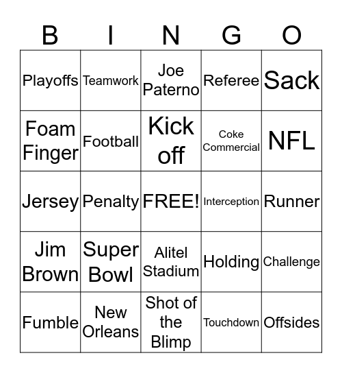 Super Bowl Bingo Card