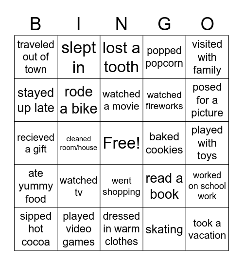 Winter Break Fun Bingo Card