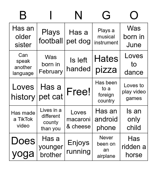 Getting to know your classmates Bingo Card