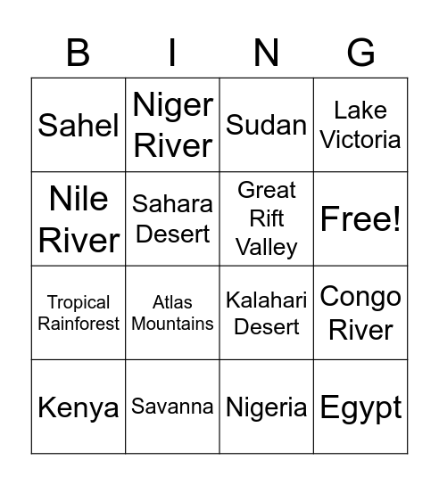 Africa Bingo Card