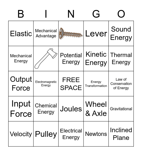 Energy, Work & Simple Machines Bingo Card