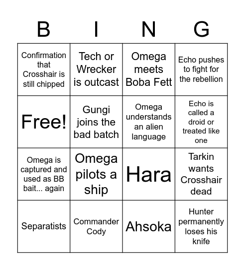 The Bad Batch S2 Predictions Bingo Card