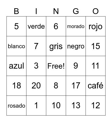 Spanish colors/numbers 1-20 Bingo Card