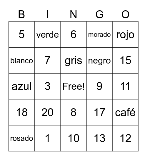 Spanish colors/numbers 1-20 Bingo Card