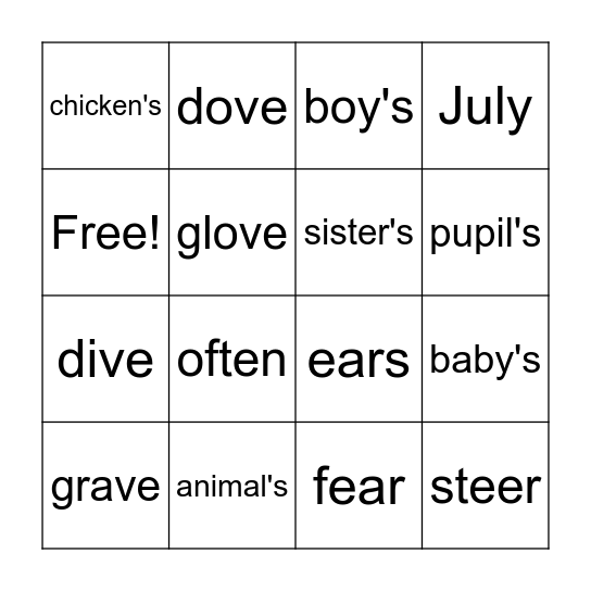 3rd spelling Bingo Card
