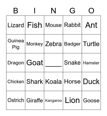 Animal Names Bingo Card