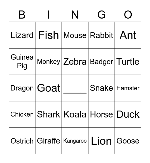 Animal Names Bingo Card