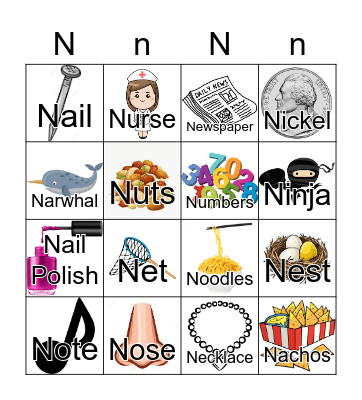 Letter N Bingo Card