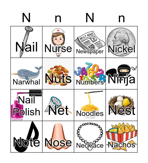 Letter N Bingo Card