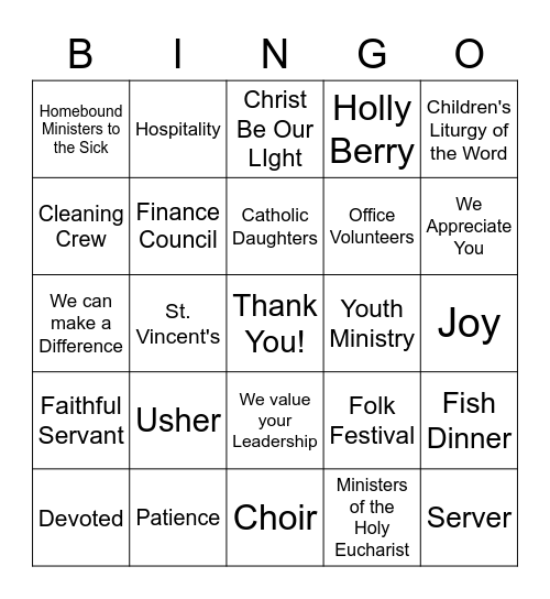 Volunteer Ministry Appreciation Bingo Card