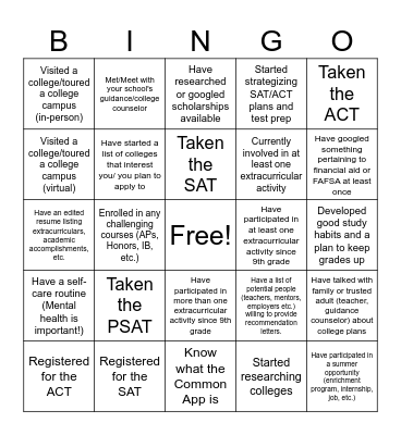 College App Checklist Bingo Card