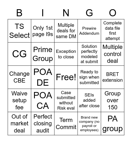 Deal Velocity Bingo Card