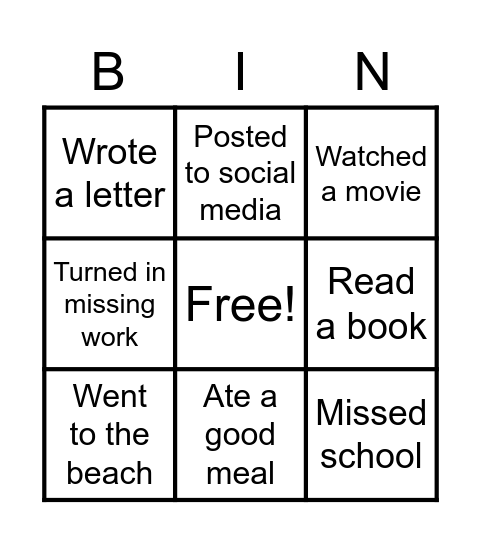 Back from break Bingo Card