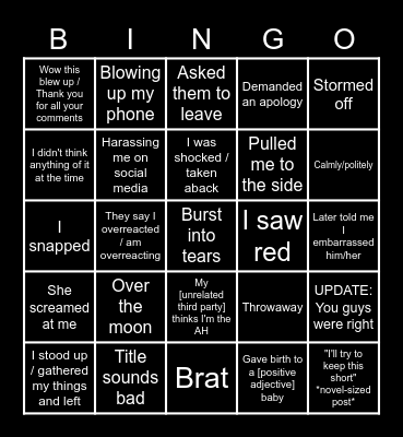 AITA Phrases Bingo Card