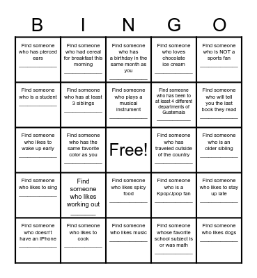 Find a Friend Bingo Card