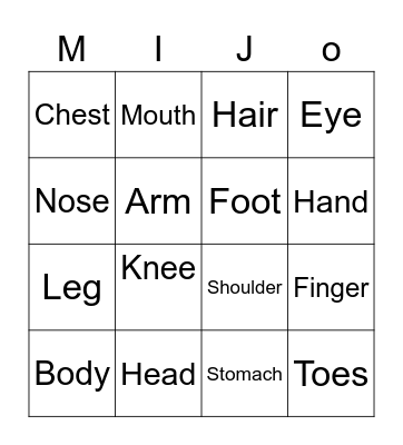 Body Part Bingo Card