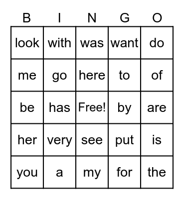 Kinder Sight Words Bingo Card
