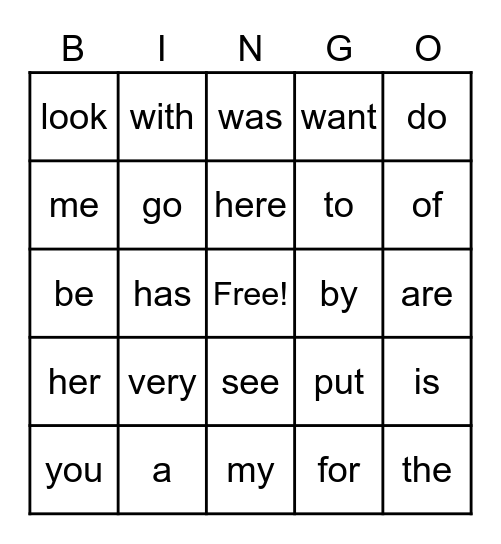 Kinder Sight Words Bingo Card