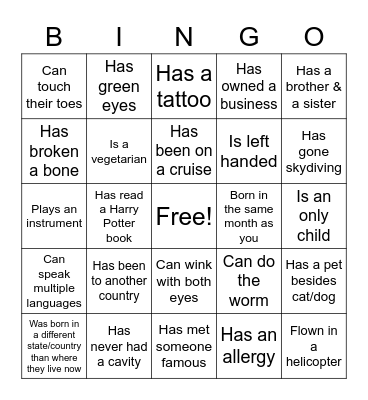 Icebreaker Bingo Card