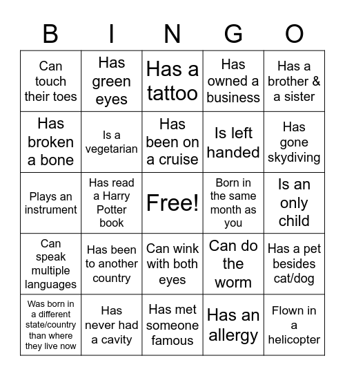 Icebreaker Bingo Card