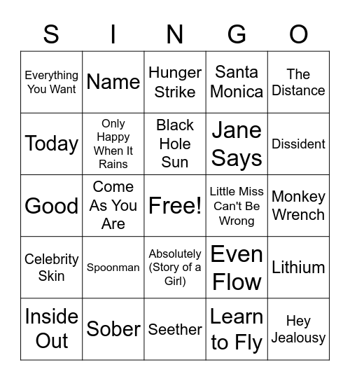 GRUNGE & 90's Alternative SINGO Bingo Card