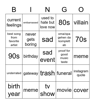 30 songs Bingo Card