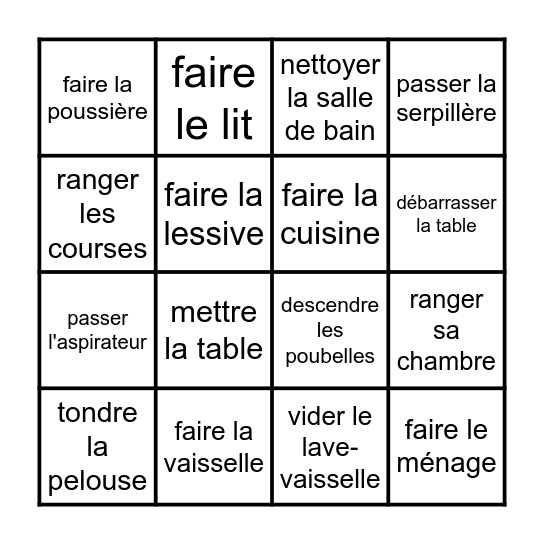 les tâches ménagères Bingo Card