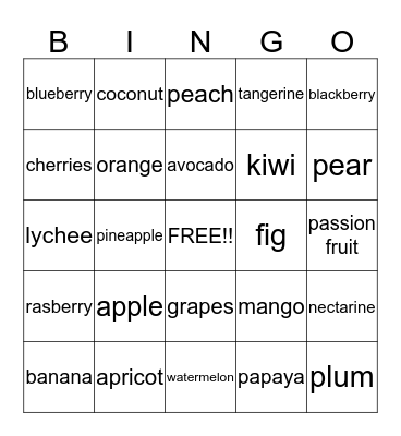 FRUITS Bingo Card