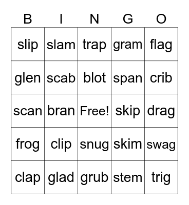 Initial Blends (l-, s-, r-) Bingo Card