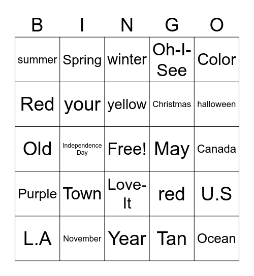 Unit 3 ASL Bingo Card