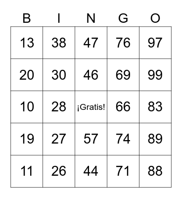 Numeros 1-100 Bingo Card
