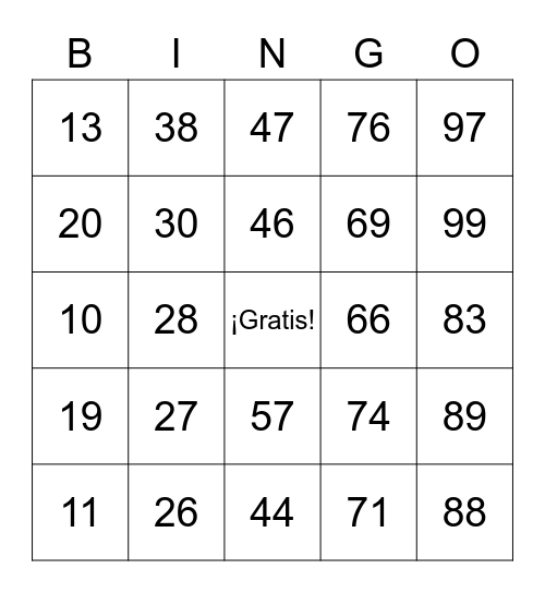 Numeros 1-100 Bingo Card