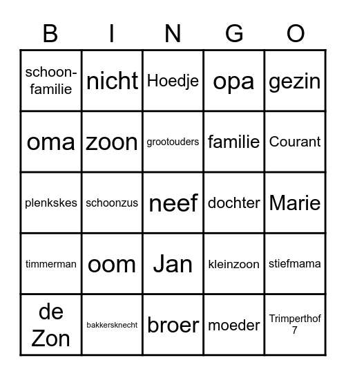 Familie Bingo Card