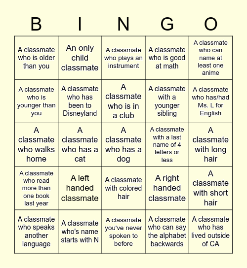 Classmate Bingo Card