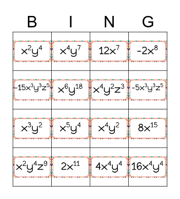Law of Exponents Bingo Card