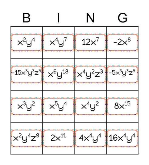 Law of Exponents Bingo Card