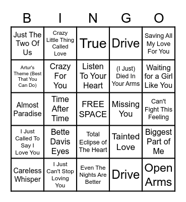 80's Love Songs Bingo Card