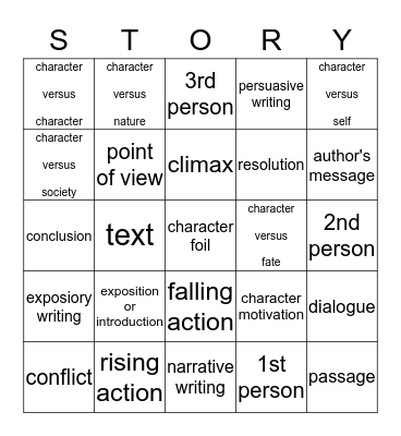 Story Elements/Writing Bingo Card