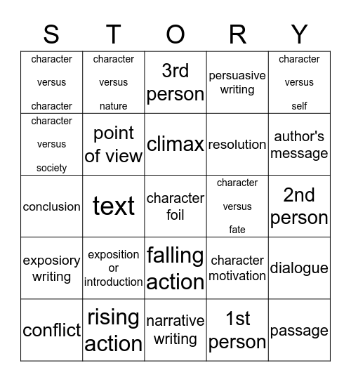 Story Elements/Writing Bingo Card