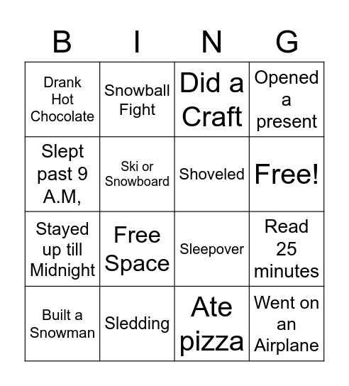 WInter Break Bingo Card