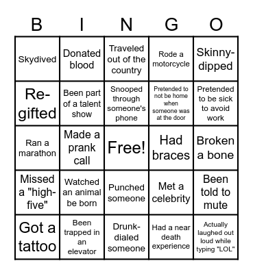 Never Have I Ever Bingo Card