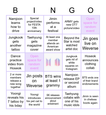 2023 BTS Predictions Bingo Card