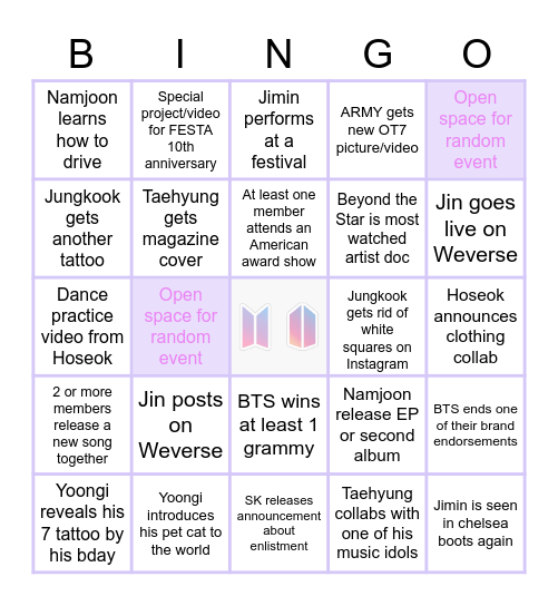 2023 BTS Predictions Bingo Card