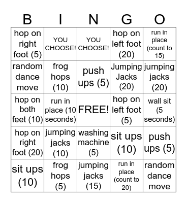 Fitness Bingo  Bingo Card