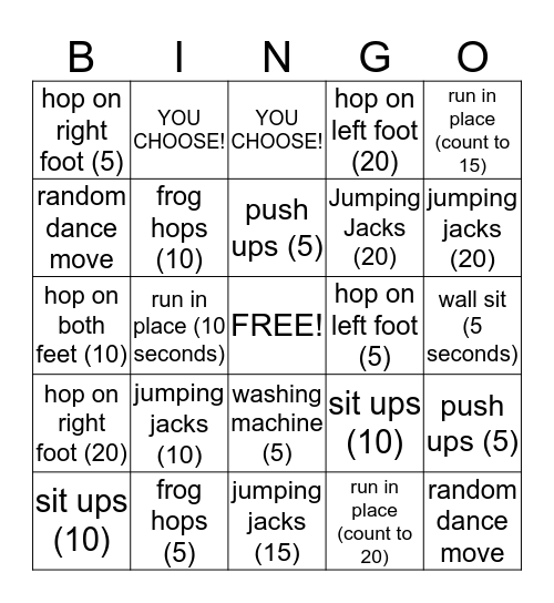 Fitness Bingo  Bingo Card