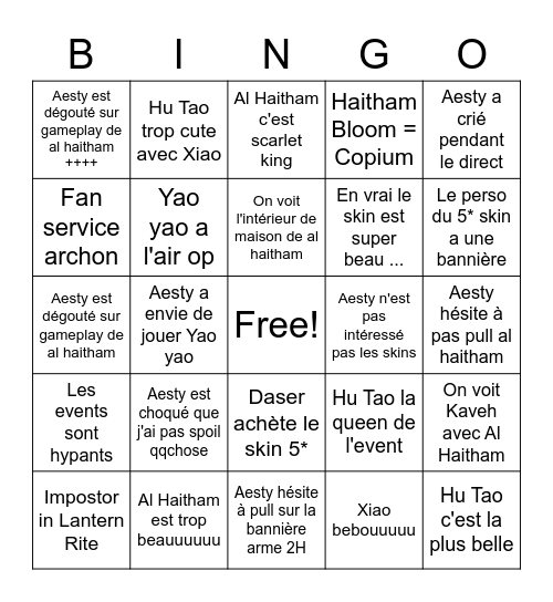 Genshin direct 3.4 Bingo Card