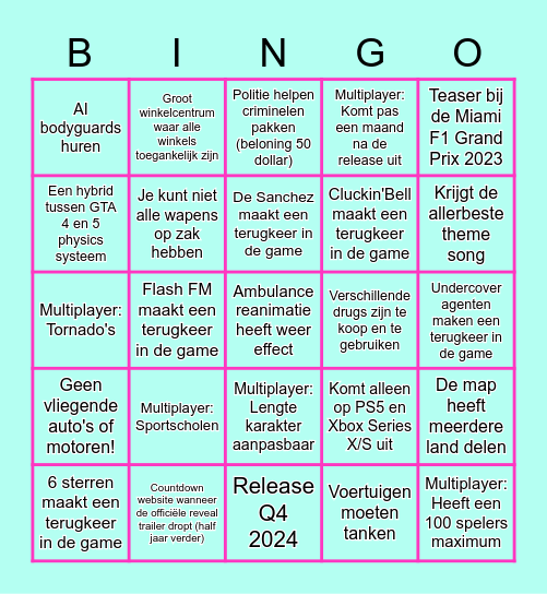 Grand Theft Auto 6 Voorspelling Bingo Card