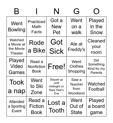 4th Grade Winter Break BINGO Card