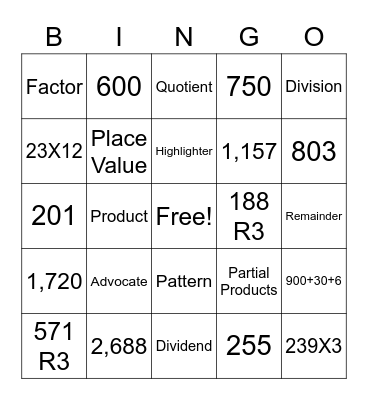 Multiplication and Division Bingo Card