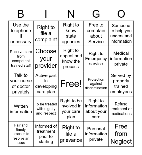 RESIDENT RIGHTS Bingo Card